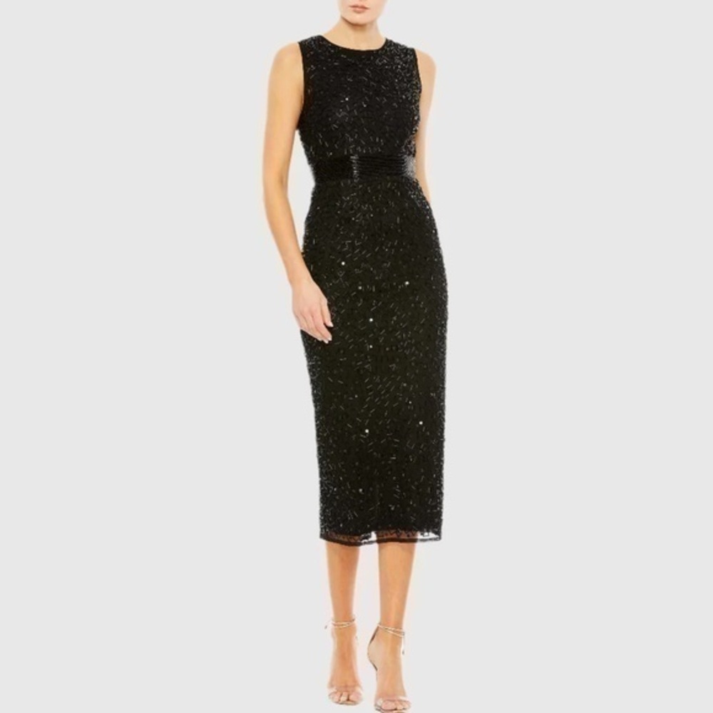 MAC DUGGAL Black Geometric Embellished Sleeveless A Line Dress